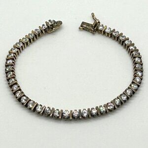 Vintage Sterling Silver Tennis Bracelet Gold Vermeil CZ Round Cut Cubic Zirconia